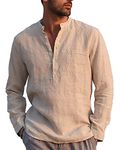 LVCBL Henley Shirt Men Long Sleeve Men Linen Shirt Casual Shirt Khaki M