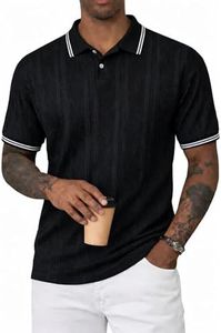 JMIERR Men's Textured Short Sleeve Polo Shirt Stylish Knit Pullover Soft Cotton Blend Top, 3XL, Black Stripe