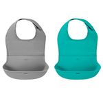 OXO Tot 2-Piece Waterproof Silicone Roll Up Bib With Comfort-Fit Fabric Neck, Gray/Teal
