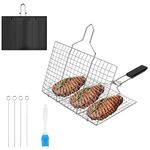 Grill Basket Fish Roaster BBQ Grill Basket Grill Grid: Nizirioo Stainless Steel Fish Grill Basket Portable Foldable Grill Fish Holder with Removable Handle with Baking Brush, 4 Metal Skewers and