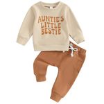 Domisola Toddler Baby Girl Clothes Long Sleeve Aunties Bestie Letter Sweatshirt Tops+Elastic Pants 2 Piece Fall Winter Outfit (02- Khaki, 12-18 Months)