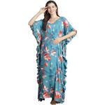 Secret Wish Turquoise Blue Floral Rayon Maternity Kaftan/Free Size/Feeding/Nursing/Zipper/Drawstring/Printed/Full Length