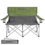 VIVOSUN Double Camping Chair, Fully Padded Folding Loveseat, Portable Oversized Duo Chair with Storage Cup Holders, Height-Adjustable Armrests & Carry Bag, Supports up to 500lbs, Green & Grey