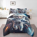 Erosebridal 3D Astronaut Cat Comforter Set Full for Girls Boys Kids Toddler,Outer Space Themed Bedding Set Cute Animal Bedroom Decor,Rocket Ship Planet Comforter Universe Galaxy Quilt Bed Set 3Pcs