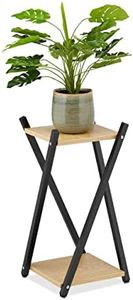 Relaxdays Soporte Macetas, 2 Baldas Efecto Madera, Metal, Taburete Plantas Moderno, 57 x 29 x 29 cm, Negro/Marrón Claro, Tablero de Fibras