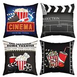 Set of 4 Movie Theater Throw Pillow Covers, Cinema Poster Director Cushion Case for Home Living Room Decor, Reversible Popcorn Vintage Old Fashion Decorative Throw Cushion Case, 20x20 Inches