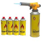 Blow Torch Head Butane Weed Burner Auto Ignition Welding Gas Flamethrower for Cooking, Catering Culinary, Blower Crafts, Camping BBQ & Fire Starter (Torch Head+4 Canisters)