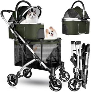 Mukum Double Pet Stroller For Dogs/Cats - One-Hand Folding, Detachable Carrier, Safety Belt, Lockable Wheels, Up To 52LBS Green