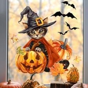 2025 Version Halloween Cartoon Cat, Funny Pumpkin & Bat Window Stickers, Maple Leaf Shop Window Glass Clings, Double-Sided Visible Wall Stickers, 2-Pack Set