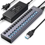 USB 3.0 Hub Super Speed Splitter,16 Ports USB Data Hub with Power Adapter,Individual On/Off Switches and Lights for Laptop, PC, Computer, Mobile HDD, Flash Dr Each Port can Charge (16 Ports Grey)