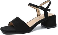 fereshte Women's Ankle Strap Heeled Sandals Open Toe Strappy Low Block Heels Sandals, Suede Black, 5 UK