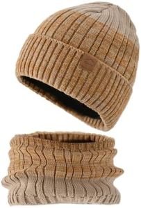 Unisex Winter Beanie Hat Scarf Set,Slouchy Knit Beanie for Women,Fleece Lined Beanies for Guys Men, A-brown, One Size