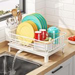 Famhap Small Dish Drying Rack, Dish Rack with Drainboard Dish Drainers for Kitchen Counter Sink Adjustable Spout, in Sink Dish Strainers with Utensil Holder and Knife Slots, White