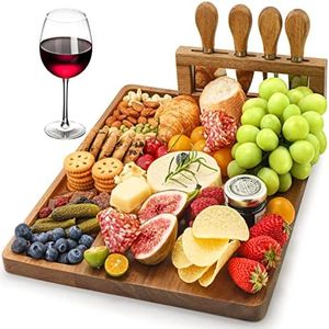 Easoger Acacia Cheese Board and Knife Set - 14” x 11” Large Charcuterie Boards Set, Cheese Tray Platter Servers with Magnetic Knife Holder, Gift for House Warming, Anniversary, Christmas, Thanksgiving