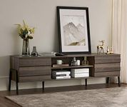 FITUEYES Mid-Century Modern TV Stand for TVs up to 75 inch Flat Screen Wood TV Console Media Cabinet with Storage, Home Entertainment Center in Brown for Living Room Bedroom, 70 inch