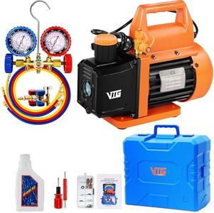 VTG VOGTEN 4.5 CFM AC Vacuum Pump and Gauge Set,for Mini Split/HVAC/Auto Systems,Manifold Gauge Kit Compatible with R134a R12 R22 R502,Includes 3 Hoses,R134a Can Tap,Upgraded Trifold Storage Case