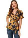 Allegra K Women's Wrap Peplum Top Blouse Tie Waist Short Sleeve Ruffle Floral V Neck Belted Shirts Yellow X-Large