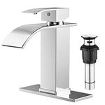 FORIOUS Bathroom Faucet, Waterfall Bathroom Faucet, Chrome Bathroom Sink Faucets Stainless Steel Bathroom Vanity Faucet with Pop Up Drain & Deck Plate (One or 3 Hole)