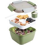 Greentainer 52 OZ to Go Salad Container Lunch Container, BPA-Free, 3-Compartment for Salad Toppings and Snacks, Salad Bowl with Dressing Container, Built-in Reusable Spoon, Microwave Safe(Army Green)