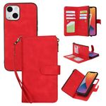 ELTEKER Case for iPhone 13 Wallet Case,2 in 1 Detachable Premium Leather Card Holder Cash Pocket Kickstand Magnetic Handstrap Wallet Case with Zipper for iPhone 13-Red