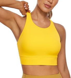 CRZ YOGA Womens Butterluxe Strappy High Neck Longline Sports Bra - Padded Criss Cross Back Workout Sports Bras Crop Tank Top High Visibility Yellow Large