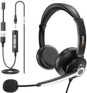 Wantek USB Headset with Microphone, Wired Computer Headset with Microphone Noise Cancelling and Volume Control, Headphones with mic for PC, Work Headset for Skype Zoom Office - 3.5mm/USB/Type C Jack