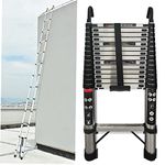 Telescopic Ladder 4.4M/14.5FT Stainless Steel Extension Ladder with Stabilizer Bar & Detachable Hooks, Multi Purpose Extendable Loft Ladder Portable Folding Ladder, 15 Steps, Max Load 150kg, EN131