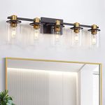 5 Light Bathroom Vanity Light, Black and Gold Bathroom Light Fixtures, Sconces Wall Lighting with Clear Glass Shade, Modern Brushed Gold Vanity Lighting fixtures for Bathroom