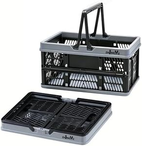 Plastic Baskets with handles,2-pack Black Collapsible crates for storage,14.96"x9.84"x7.87" foldable shopping basket ,foldable crate with Handles for car Classroom Kitchen Bathroom Medicine Milk