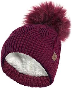 RockJock Ladies Warm Chunky Diamond Cable Knit Hat with Thermal Teddy Fleece Lining and Detachable Faux Fur Pompom-Burgundy