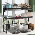 Boosiny Over Sink Drainer Rack, 3 Tier Full 304 Stainless Steel Over Sink Dish Rack for Kitchen, Expandable Over The Sink Dish Drying Rack with 10 Hooks (Black - 25.5"-35.5")