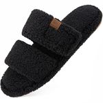 FamilyFairy Open Toe Slippers for Women Adjustable Memory Foam House Shoes Faux Fur Fuzzy Slide Sandals Non Slip Washable(7-8, Black)