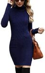 Irevial Women's Knitted Dress Turtleneck Long Sleeve Stretch Jumper Dress Long Knitted Jumper Elegant Mini Dress for Winter Cocktail Dress, A-Marine, M