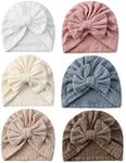 ZURLEFY 6 PCS Stretchy Infant Hats with Bows, Pink Newborn Turbans for Girls, Headwraps and Caps (17-2)