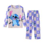 Cute Cartoon Print 2-Piece Short-Sleeved Children's Pajamas Children's top Shorts Pajamas Suit 2-13-year-old Girl Pajamas Round Neck Long-Sleeved Suit(02-Purple2,8-9 Years)