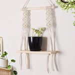 Decazone ® Macrame Wall Hanging Shelf Wood Floating Shelves with Wooden Dowel Modern Chic Woven Decor for Dorm Living Room Nursery Beige 55 x 43 cm (Wall Decor)