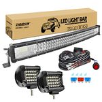 RIGIDON Curved 32 inch 405W Led Light Bar With 1 Pcs 12V 2 Lead Wiring Harness Cable Kit, 2 Pcs 4inch 60W Led Work Light for Car Off road Truck Tractors SUV 4x4, Flood Spot Combo Beam, 6000K White