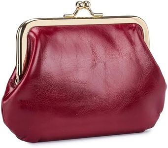 QeenRTUU Compartment Kiss Lock Coin Purses with Card Slot Vintage Genuine Leather Mini Coin Pouch Women Small Change Purse, Red 2, Kiss Lock Coin Purses With Credit Card Holder