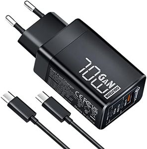70W USB C Chargeur Rapide, 3 Ports PD 3.0 GaN Chargeur Adaptateur Type C avec Câble 100W pour MacBook Pro/Air, Dell XPS 15, iPhone 16/15/14, iPad Pro, Google Pixel, Samsung Galaxy S24/S23, Steam Deck