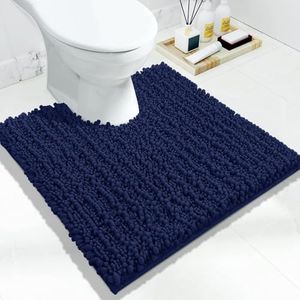 Yimobra Luxury Shaggy U-Shaped Toilet Rug, 24.4 X 24.4 Inches, Soft Comfortable Contour Mat for Bathroom Floor, Non Slip Bath Carpet, Maximum Absorbent, Quick Drying, Machine-Washable, Navy Blue