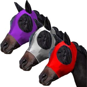 FOXLVDA 3 Pcs Horse Fly Mask with Ears, Breathable Elastic Fabric for Sun Protection for Medium/Large Size Adult Horses (Red-Purple-Gray, Large)