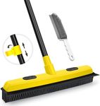 JEHONN Rubber Broom with Squeegee, Pet Hair Remover 134CM Long Handle, Push Fur Removal Tool with Portable Detailing Lint Brush for Fluff Carpet, Window, Tile, Hardwood Floor Cleaning (Yellow)