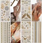 Temporary tattoos,Gold tattoo stickers,Metallic,5 Large Sheets Gold Silver Glitter, by LEIAOLY,80+ Color Flash Fake Waterproof Tattoo Stickers-For Adults or Kids