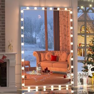 BEAUTME Full Length Mirror with Lights 72 x 48 Inch, Extra Large Full Body Mirror,Oversize Vanity Mirror,Wall Mounted/Lean Against The Wall,Bathroom Mirror with 32 Dimmable Bulbs(Silver)