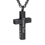 INBLUE Personalized Cross Urn Necklace for Ashes Stainless Steel Necklace In Loving Memory Customize Text Cross Urn Pendant Ashes Holder with Mini Keepsake Memorial Jewelry for Men - Black