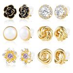 ASH'S CHOICE 6 Pairs Clip on Earrings for Women, Gold Rose Pearl Twist Knot Clip On Earrings, CZ Rhinestone Flowers Clip Earrings with Rubber Pads, Hypoallergenic Non Pierced Gold Clip Earrings