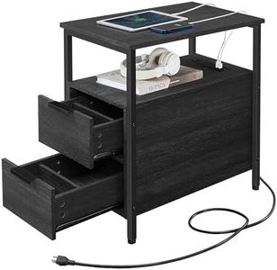 VASAGLE Side Table with Charging Station, Narrow End Table with 2 Drawers, Slim Nightstand and Bedside Table with Storage, for Small Spaces, Black ULET321B22