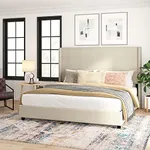 Taylor & Logan Kellan Beige Faux Linen Upholstered Platform Bed with Channel Stitched Wingback Headboard and Slatted Mattress Foundation - King