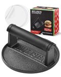 HULISEN Pre-Seasoned Cast Iron Burger Press Includes 100 Pcs Patty Paper, 2.3lb Heavy Duty 6” Burger Smasher for Griddle with Heat Resistant Handle, Grill Press for Hamburger, Bacon, Meat