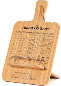 Albert&Grace Adjustable Bamboo Cookbook Stand with Conversion Chart – Recipe Book Holder for Kitchen Counter, Large Wooden Stand for Cookbooks, Tablets, & iPads